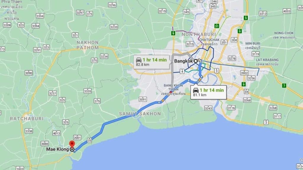 Google map Bangkok to Maeklong Train Market