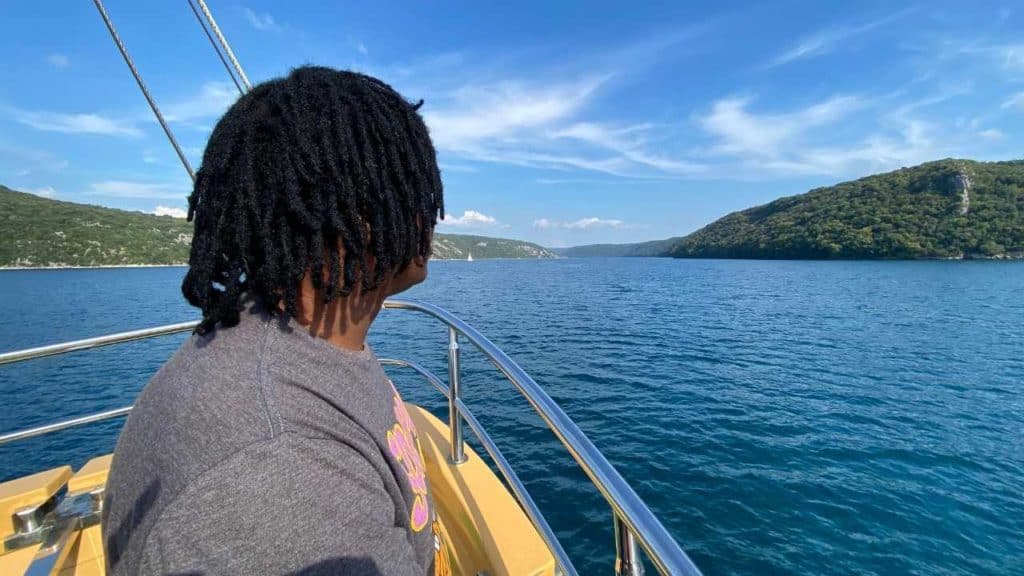 David on boat cruise approaching Lim Fjort.