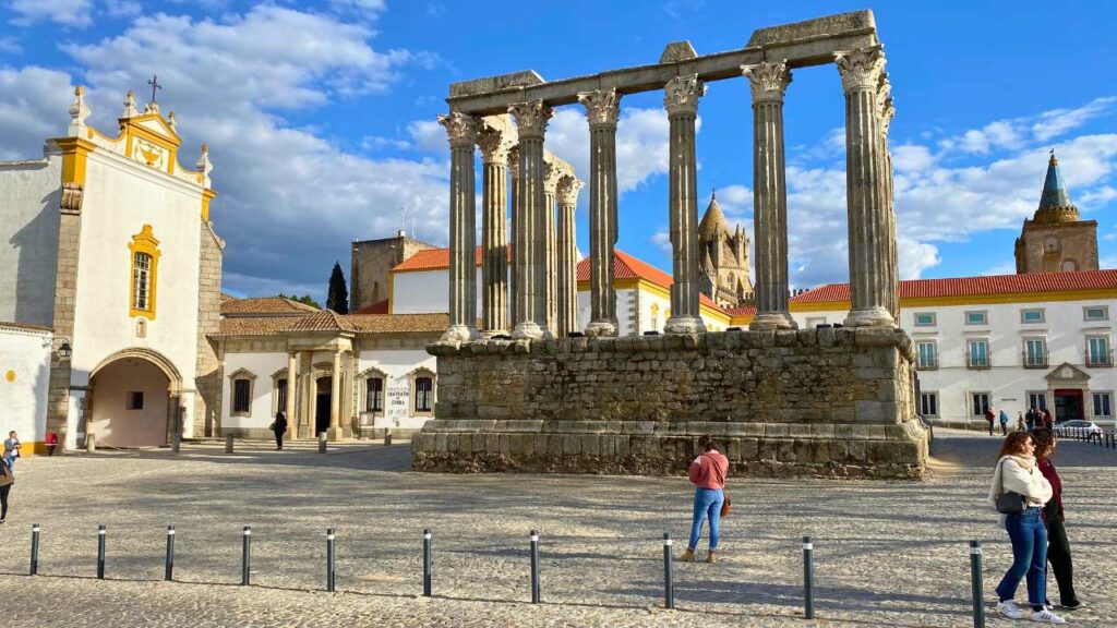 The columns of the Roman Temple in Evora Portugal