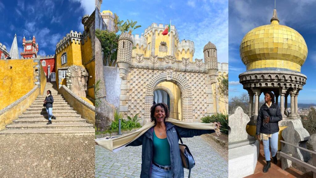 Kendra Lucas at different spots at Pena Palace including a staircase, an ornate gate, and a golden spire. 