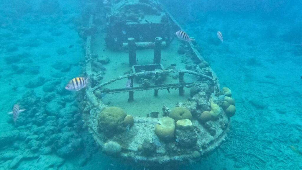 sunken tugboat at Tugboat Beach, the best snorkeling in Curacao