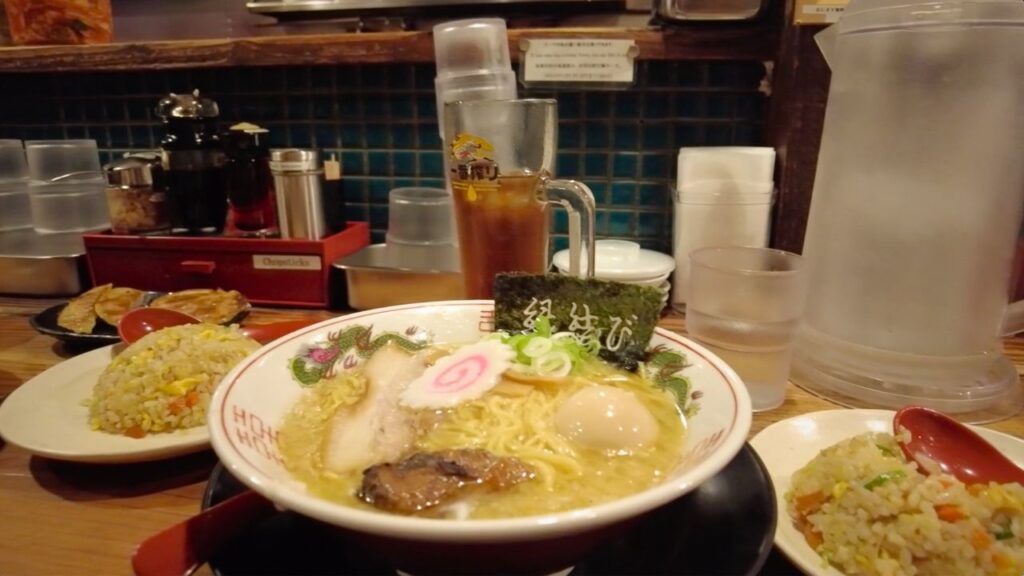 The delicious Happiness set menu at Hanamaruken Hozenji Ramen shop Osaka