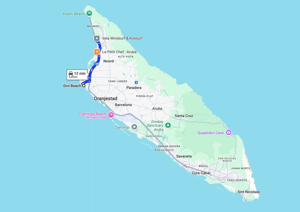 The Best Areas to Stay in Aruba Map - The Hotel Zone is highlighted in blue