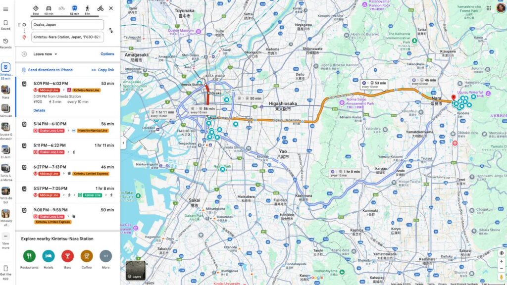 Osaka to Nara Map