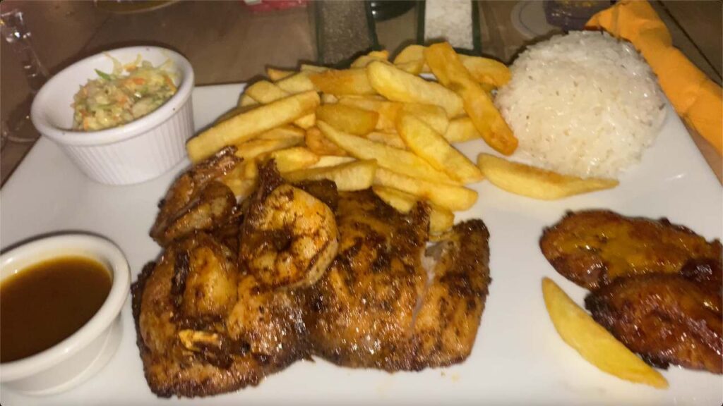 Blackened fish and shrimp dinner in Aruba