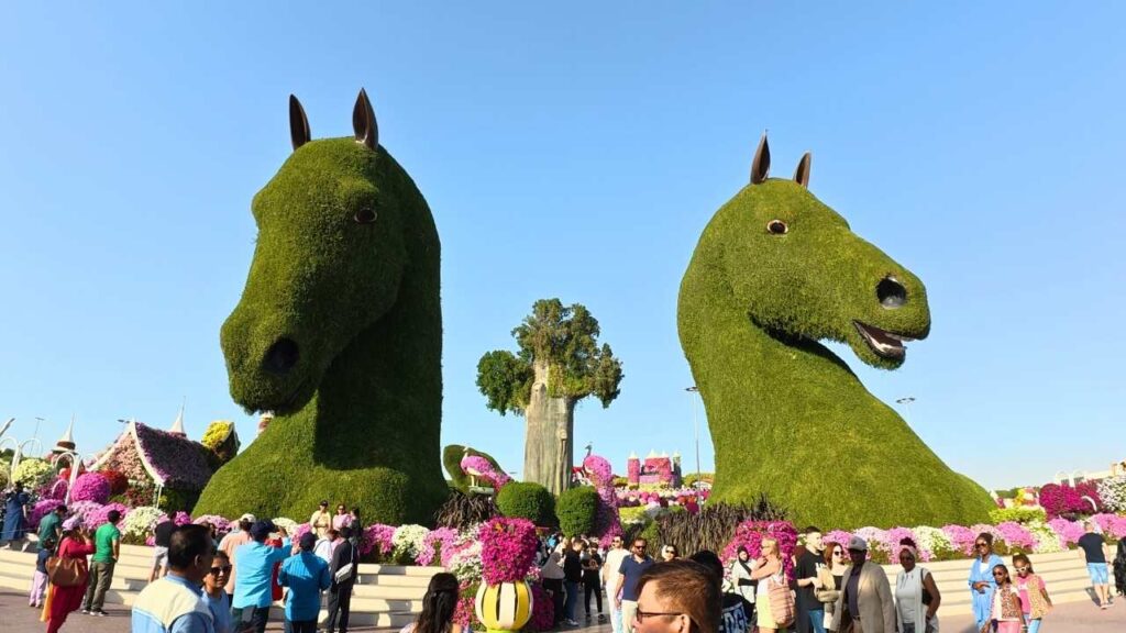 2 Green Horse Heads at the Magic Garden in Dubai
