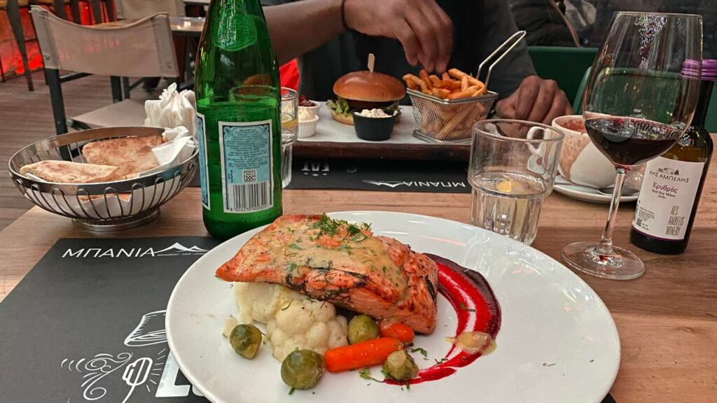 A delicious salmon dinner at Τα Μπάνια