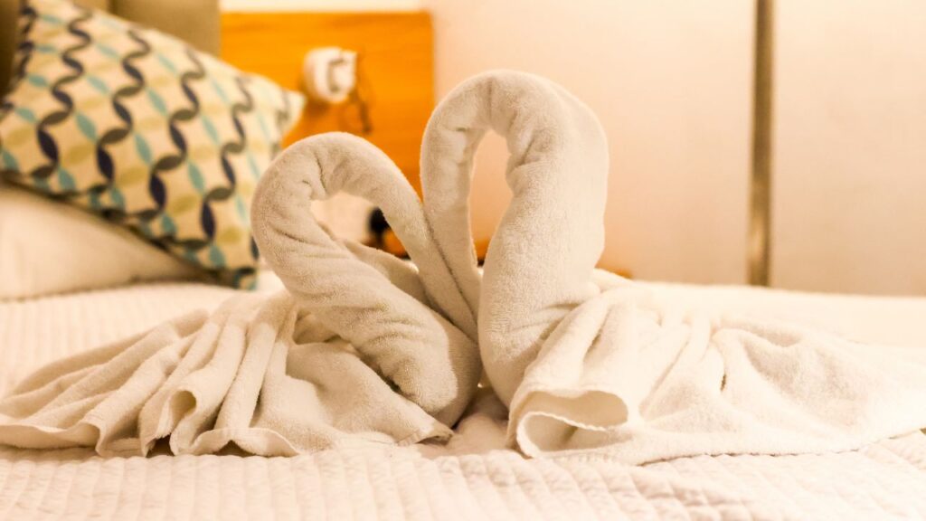 Towel swans on hotel bed